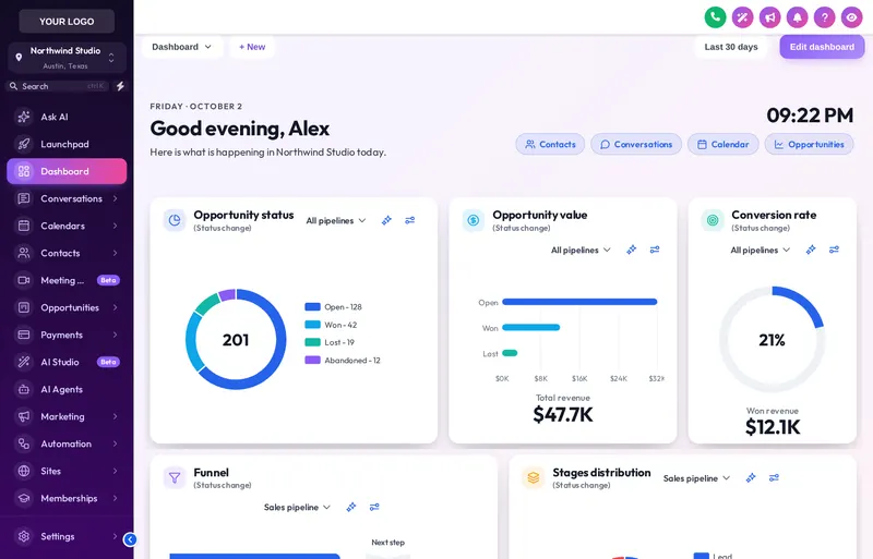 GoHighLevel sub-account dashboard in the Clean Bento design: big rounded tiles, bold numbers and a welcome banner