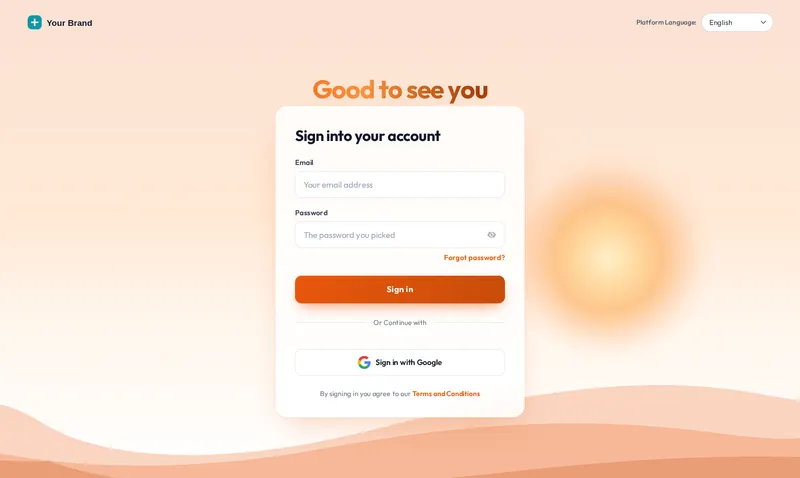 GoHighLevel login page with the Sunrise hills design: warm sky, rising sun and layered hills behind the sign-in card