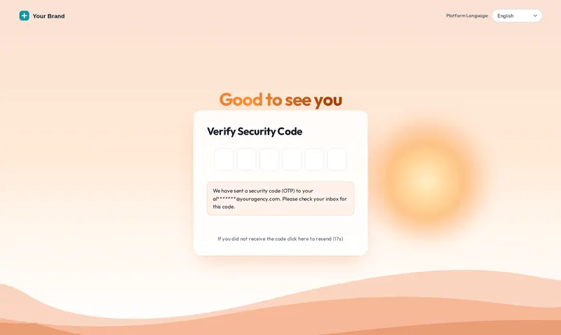 Two-factor security code screen styled with the same Sunrise hills login design